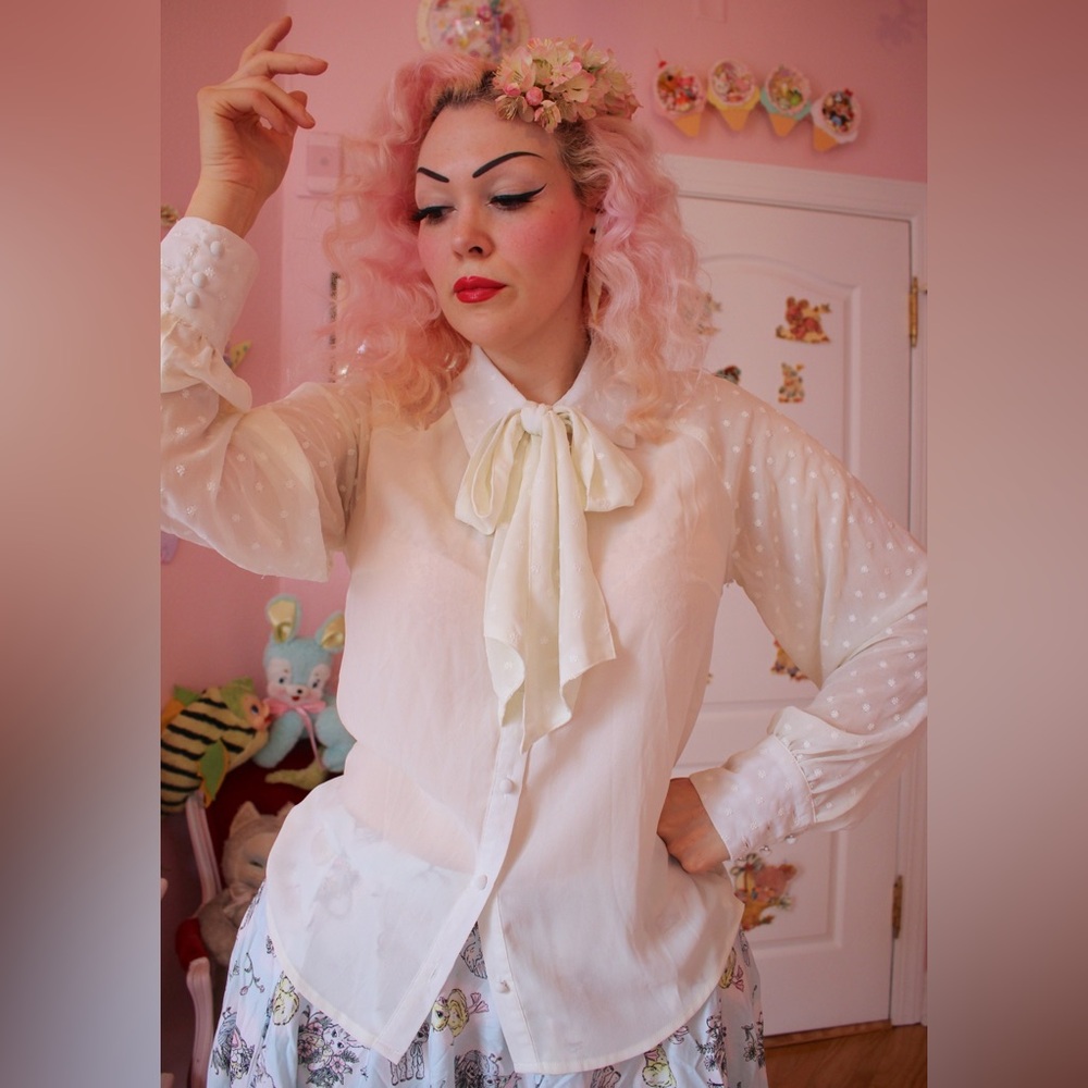 Voodoo Vixen Cream Blouse with Bow Tie